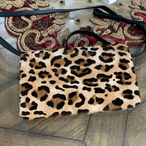 Banana Republic Black Leather Leopard Print Calf Hair Crossbody Clutch Wallet